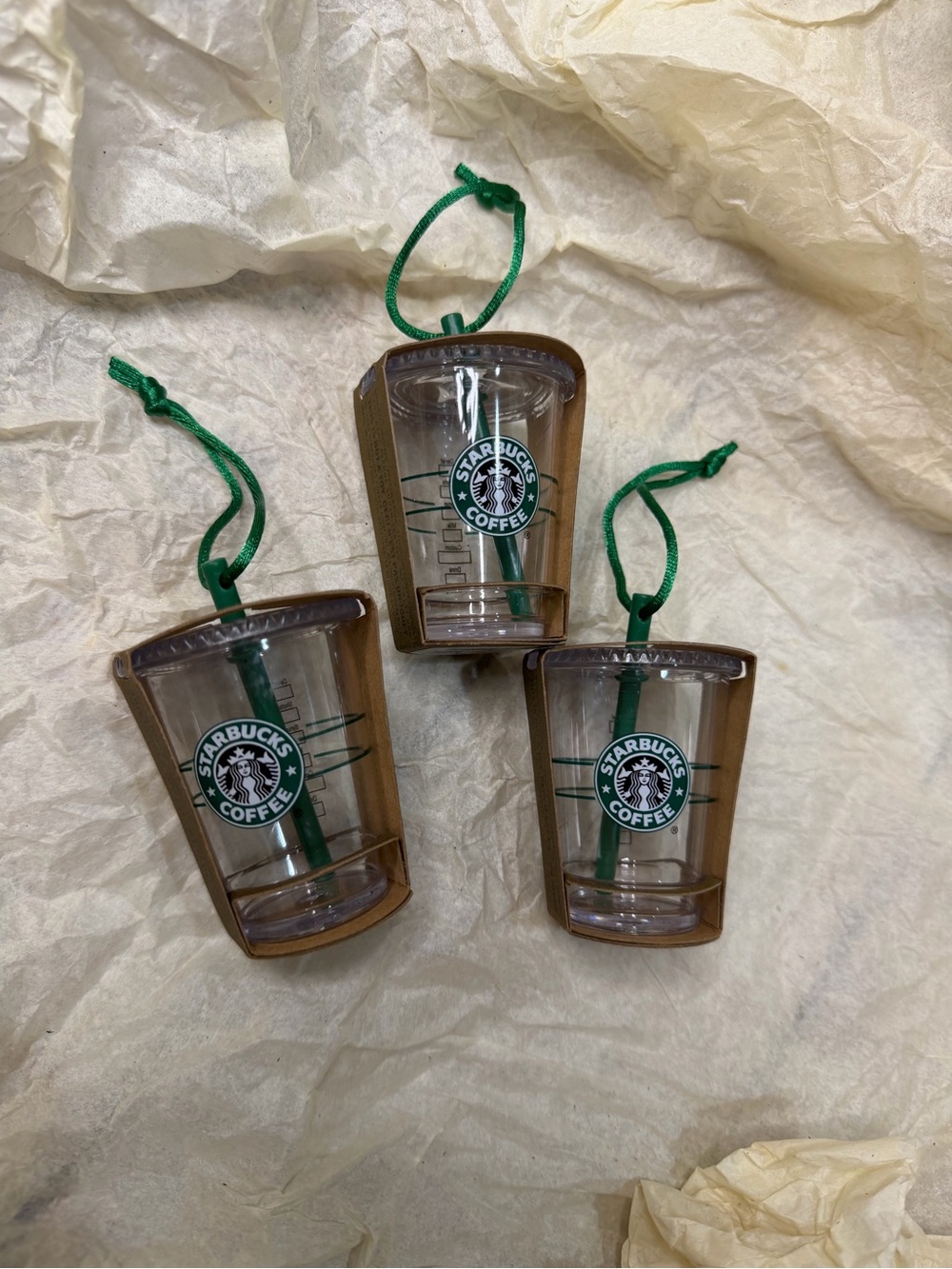 Set of 3 2010 NWT Starbucks Classic Clear Iced Cold Cup Green Straw Ornaments